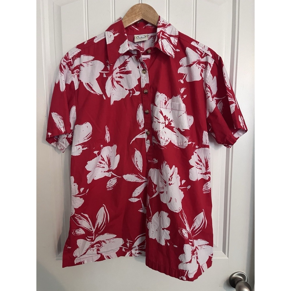 Vintage Go Barefoot Hawaiian Shirt L Red Floral Short Sleeve Button Cruise 466